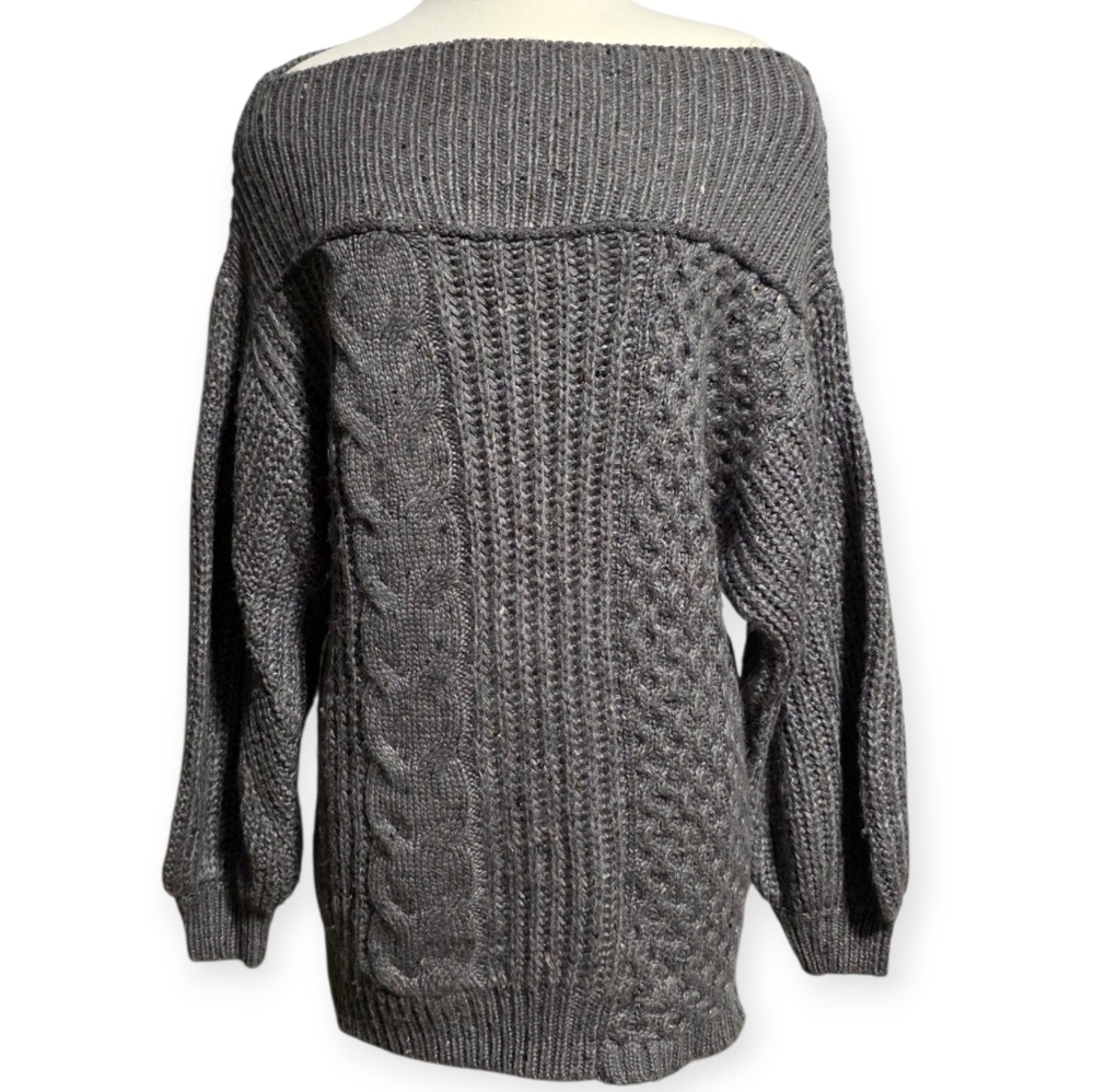 EUC FREE PEOPLE COZY CABLE OFF-SHOULDER CHARCOAL GREY SWEATER SZ XS